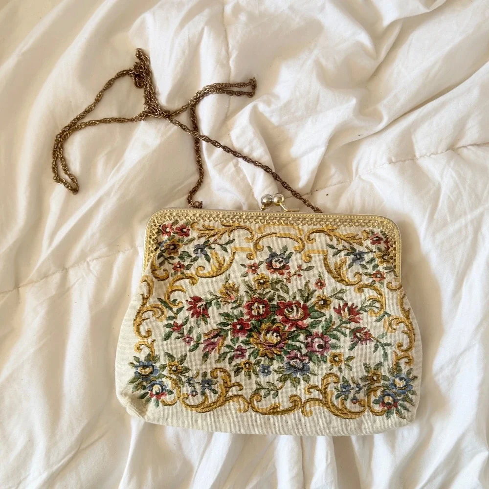 Unbranded Tapestry Bag Women Small Cream Good Vintage Floral Needlepoint Clutch
